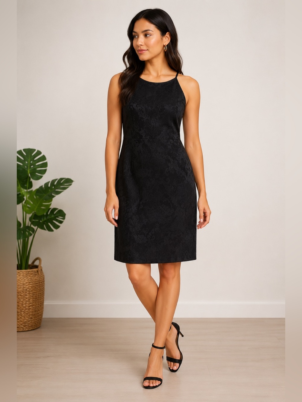 CDC Black Floral Jacquard Knee Length Sleeveless Dress Size 10